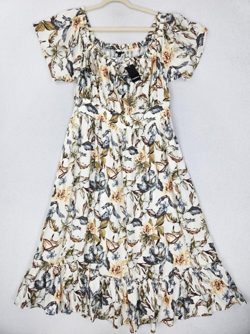 Torrid Dress Womens 1X White Yellow Floral Challis Fall Autumn Peasant Midi NEW
